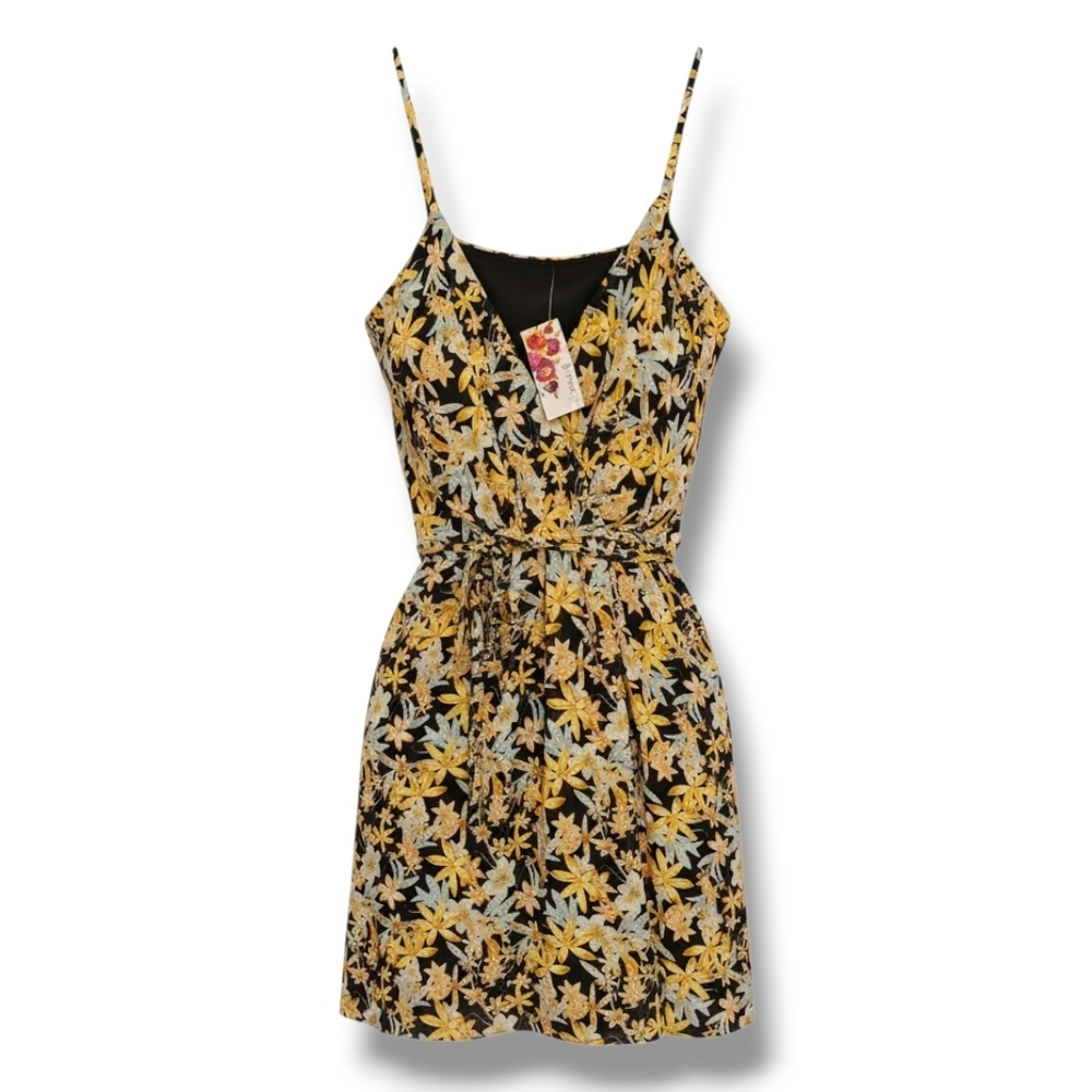 The Dress Shoppe Women's Size L Black & Yellow Floral Wrap-around Dress NWT